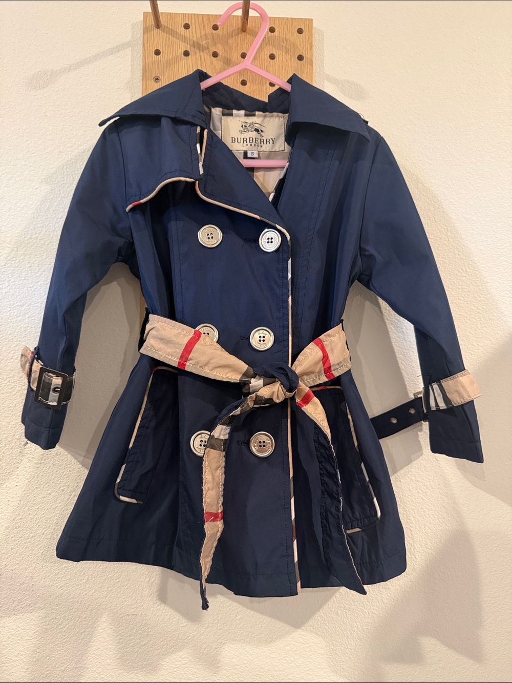 Toddler Burberry Navy Trench Coat with Signature Check Tie Belt